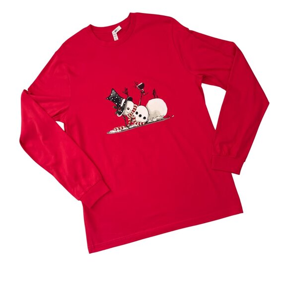 Snowman Holiday Shirt Size Large Cotton Red Winter Supasoft Long Sleeve Tee Top - Picture 7 of 7